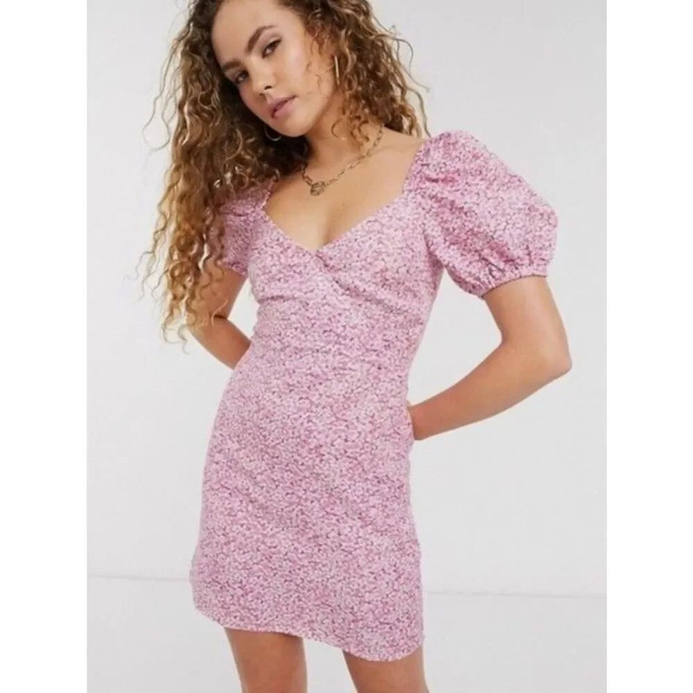 & Other Stories Puff Sleeve Linen Blend Mini Dress Pink Ditsy Floral Women’s 2